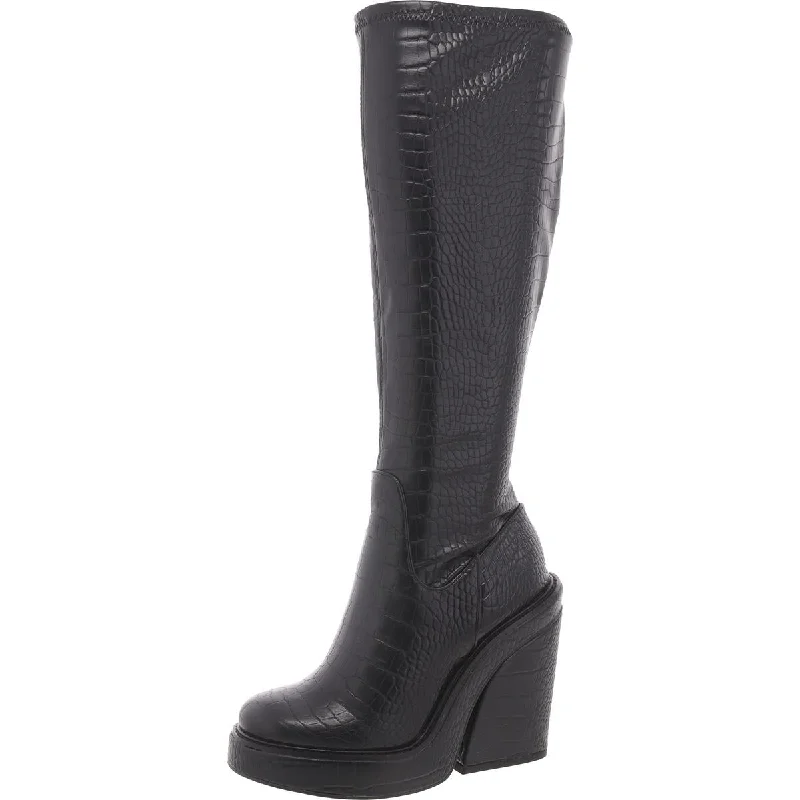 Steve Madden Womens Aligned Croc Print Block Heel Mid-Calf Boots