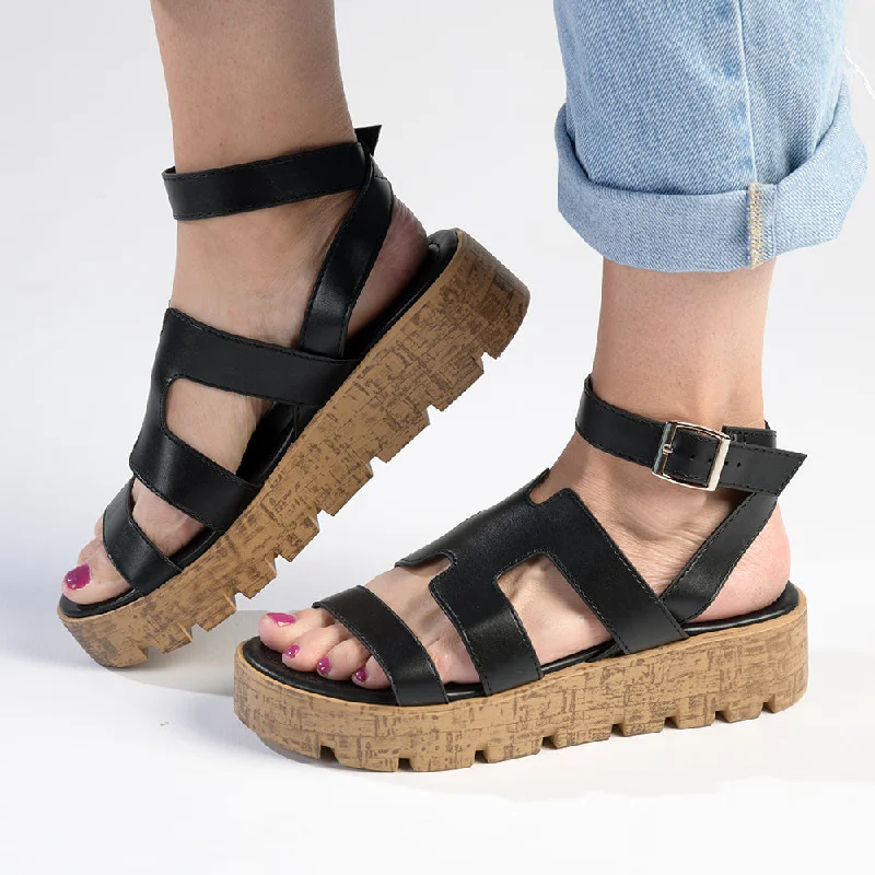 Madison Jeanmarie H Bar Cork Wedge - Black